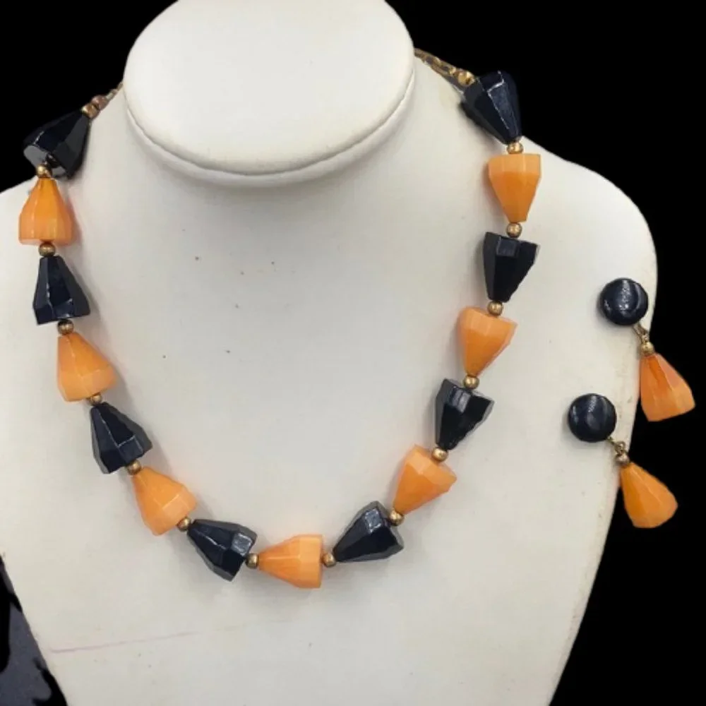 Vintage Bakelite Black Orange Pyramid Bead Necklace Earring Set